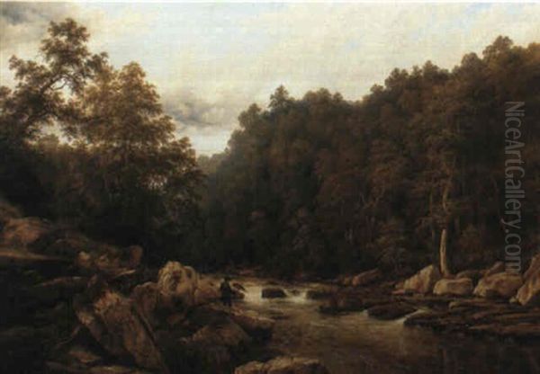 A Wooded River Landscape With An Angler Oil Painting by Thomas Baker