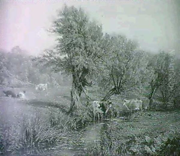 Cattle Watering In A River Meadow Oil Painting by Thomas Baker