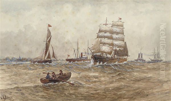 A Square-rigger And Other Shipping On The River Oil Painting by M. Adams