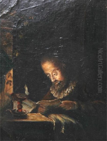 A Man Reading By Candlelight Oil Painting by M. Adams