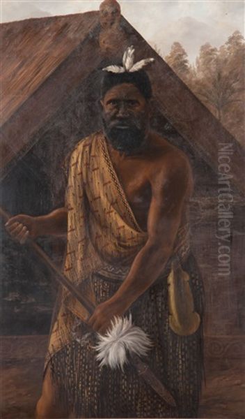 Portrait Of Maori Chief (likely To Be Te Kooti) With Taiaha Oil Painting by William George Baker