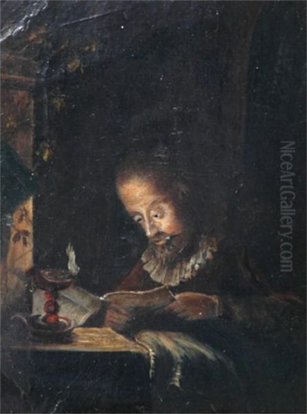 Interior Of A Man Reading A Book By Candlelight Oil Painting by M. Adams