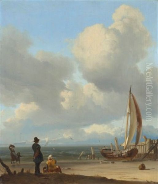 An Extensive Seascape With Figures By A Boat On A Shore Oil Painting by Ludolf Bakhuyzen the Elder