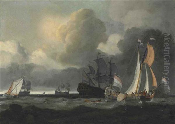 A Dutch Man-o'-war And Other Shipping In Choppy Waters by Ludolf Bakhuyzen the Elder