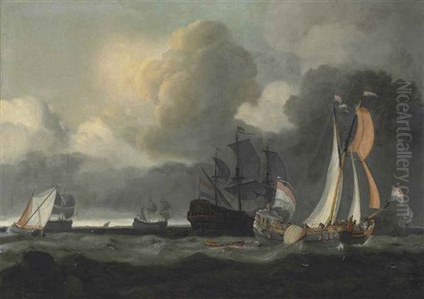 A Dutch Man-o'-war And Other Shipping In Choppy Waters Oil Painting by Ludolf Bakhuyzen the Elder