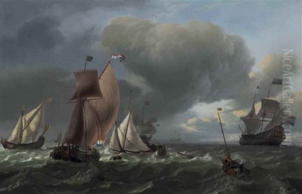 A Wijdschip, A Smalschip And A State Yacht Tacking, With Fishermen In A Pink Drawing In Their Nets In The Foreground, The Man-o