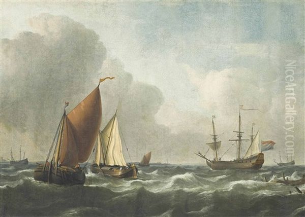 A Large Dutch Man-o'war Anchored Offshore In A Stiffening Breeze Oil Painting by Ludolf Bakhuyzen the Elder