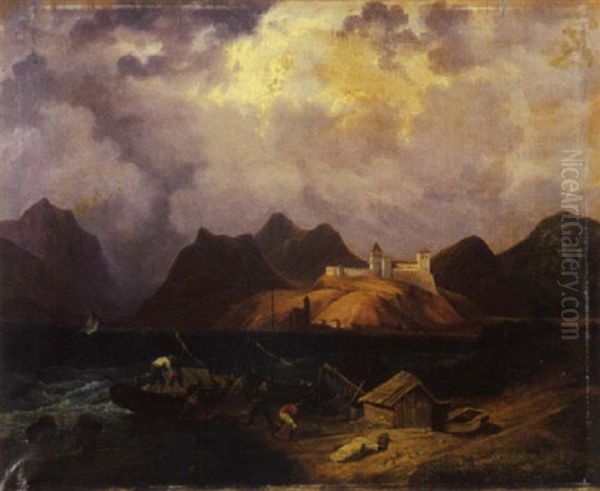 Paesaggio Costiero Con Pescatori Presso Le Loro Imbarcazioni E Capannoni, Con Un Edificio Fortificato Sullo Sfondo Oil Painting by Ludolf Bakhuyzen the Younger