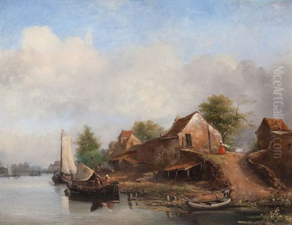 Rivierlandschap Met Zeilboten Bij Dorp Oil Painting by Alexander Hieronymus Bakhuyzen