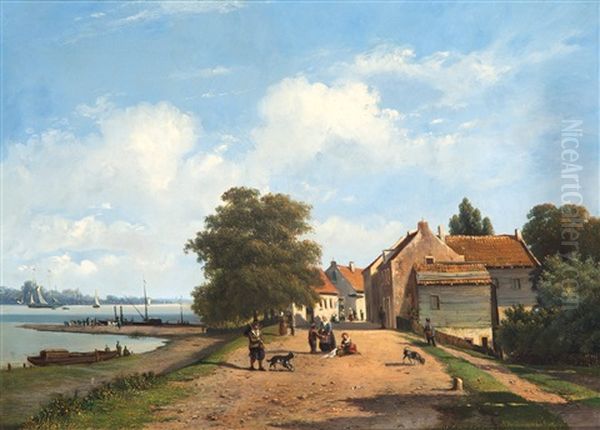 Zomerdag Op De Dijk Bij Een Veerpont by Alexander Hieronymus Bakhuyzen