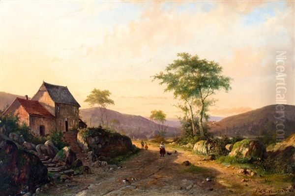 Namiddagzon In Heuvellandschap Oil Painting by Alexander Hieronymus Bakhuyzen