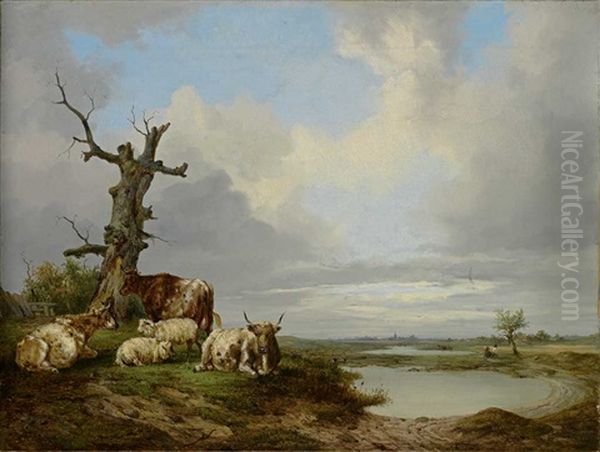 Weidelandschaft Mit Schafen Und Rindern Oil Painting by Alexander Hieronymus Bakhuyzen