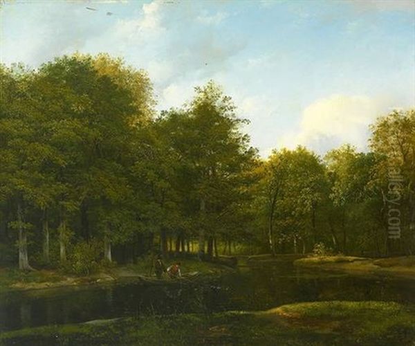 Fischer An Einem Waldbach Ziehen Die Netze Ein Oil Painting by Alexander Hieronymus Bakhuyzen