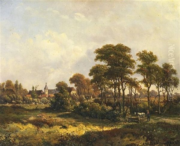 Sommeridylle. Weite Feld- Und Wiesenlandschaft Mit Kirchdorf. Vorn Ein Bauer Bei Seinem Vieh. Bakhuyzen Oil Painting by Alexander Hieronymus Bakhuyzen