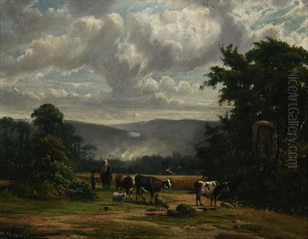 Viehtrieb In Weiter Voralpenlandschaft. Vorn Rechts Ein Wegemarterl Am Waldesrand by Alexander Hieronymus Bakhuyzen