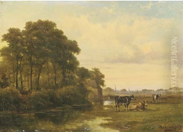 Cattle By A River, A Town Beyond Oil Painting by Alexander Hieronymus Bakhuyzen