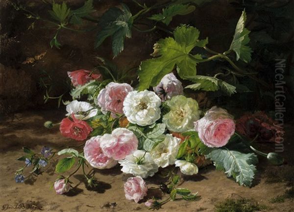 Pink And White Roses In The Forest With A Butterfly On The Left Oil Painting by Gerardina Jacoba van de Sande Bakhuyzen