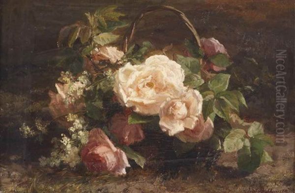 Pink Roses In A Basket Oil Painting by Gerardina Jacoba van de Sande Bakhuyzen