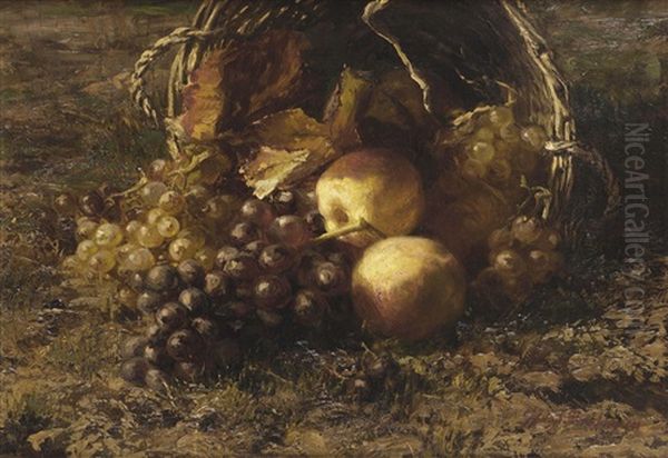 A Wicker Basket With Grapes And Apples On A Forest Floor Oil Painting by Gerardina Jacoba van de Sande Bakhuyzen