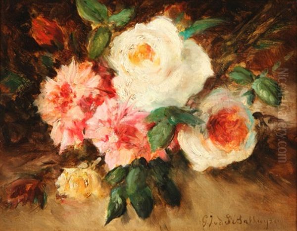 Still Life Of Pink And White Roses Oil Painting by Gerardina Jacoba van de Sande Bakhuyzen