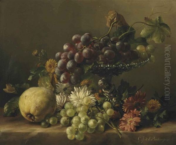 A Quince, Dandelions, Daisies, Dahlia's, And A Plateau With Grapes, All On A Ledge Oil Painting by Gerardina Jacoba van de Sande Bakhuyzen