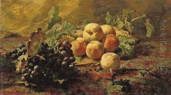 Blue Grapes And Peaches In A Wicker Basket Oil Painting by Gerardina Jacoba van de Sande Bakhuyzen