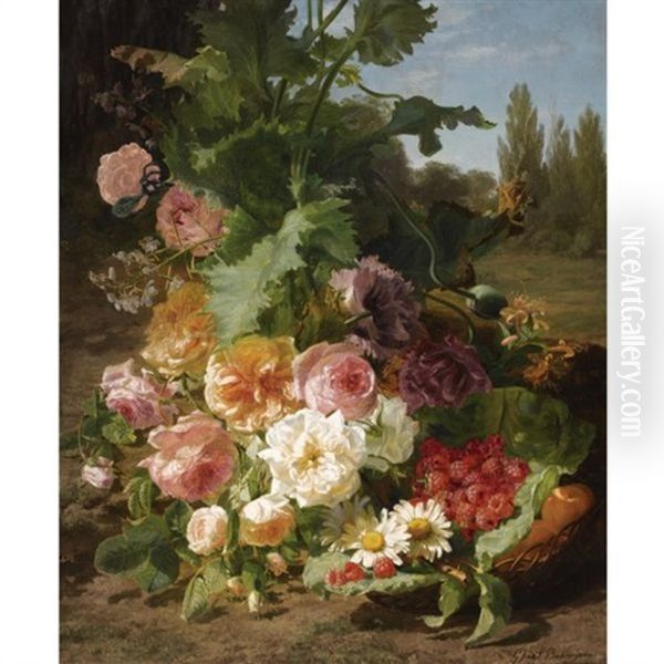 A Still Life With Roses, Daisies, Raspberries And Peaches In A Landscape Oil Painting by Gerardina Jacoba van de Sande Bakhuyzen