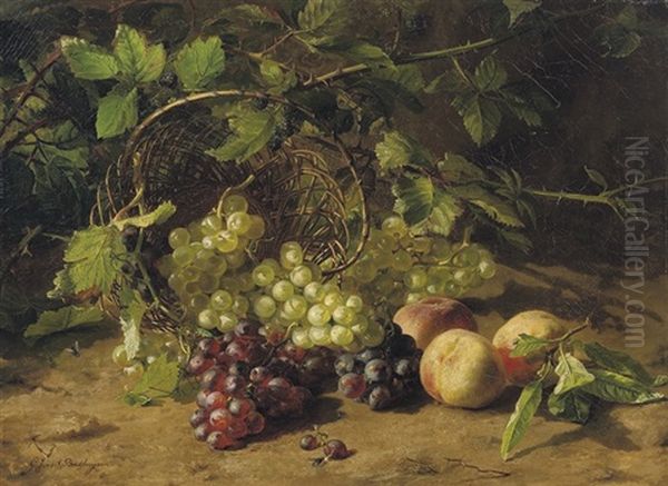 Grapes And Peaches On A Forest Floor Oil Painting by Gerardina Jacoba van de Sande Bakhuyzen