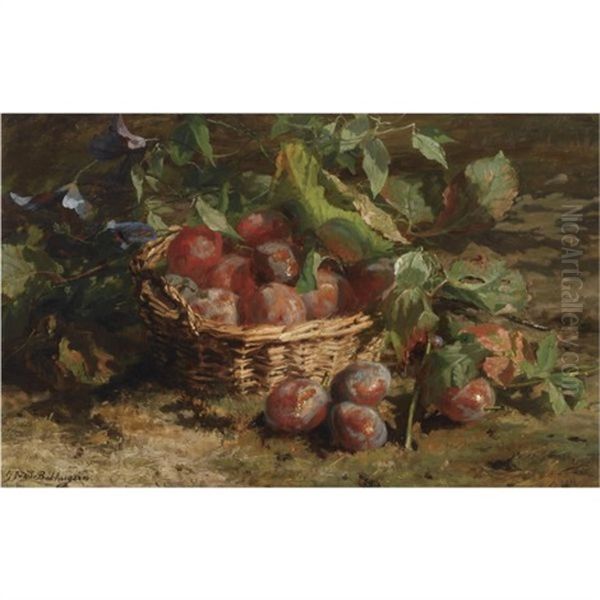 A Still Life With Plums In A Basket Oil Painting by Gerardina Jacoba van de Sande Bakhuyzen