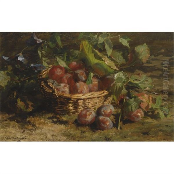 A Still Life With Plums In A Basket Oil Painting by Gerardina Jacoba van de Sande Bakhuyzen