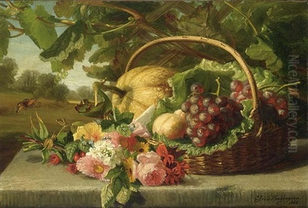 A Still Life With Flowers, Grapes And A Melon Oil Painting by Gerardina Jacoba van de Sande Bakhuyzen