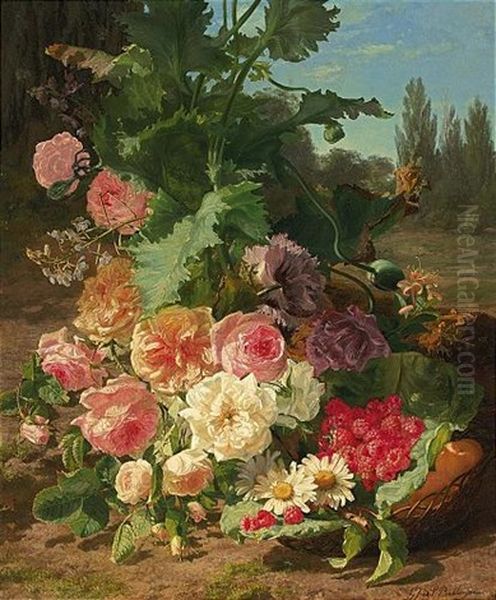 A Still Life With Flowers And Fruit In A Landscape by Gerardina Jacoba van de Sande Bakhuyzen