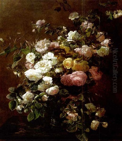 Roses In A Stoneware Vase Oil Painting by Gerardina Jacoba van de Sande Bakhuyzen