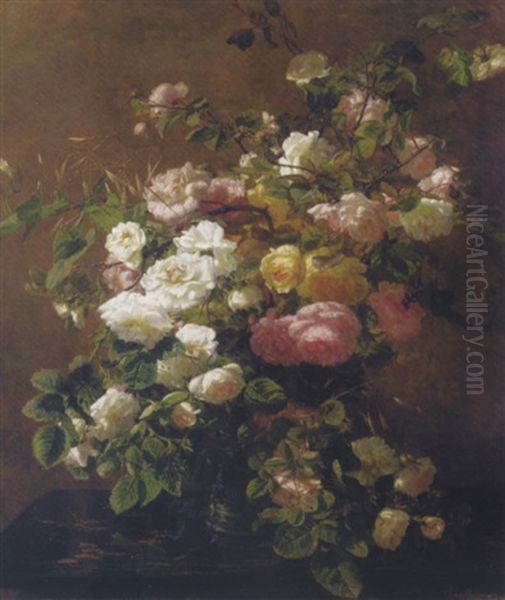 Pink, White, And Yellow Roses In A Westerwald Stoneware Vase Oil Painting by Gerardina Jacoba van de Sande Bakhuyzen