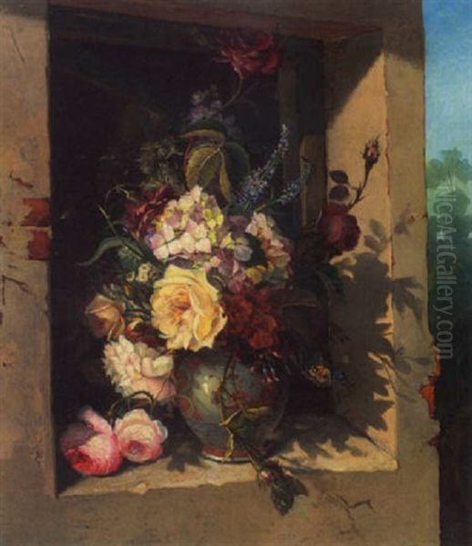 Vase Mit Hortensien Und Rosen Im Fenster Oil Painting by Gerardina Jacoba van de Sande Bakhuyzen