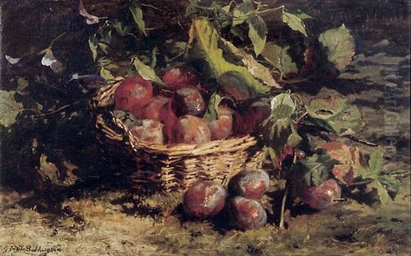 A Still Life With Plums In A Basket Oil Painting by Gerardina Jacoba van de Sande Bakhuyzen