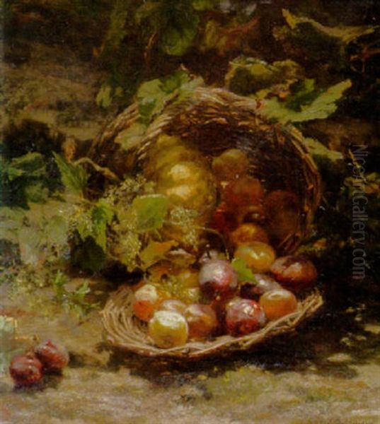 A Wicker Basket Of Plums, Apricots And A Pumpkin In An Autumnal Landscape Oil Painting by Gerardina Jacoba van de Sande Bakhuyzen