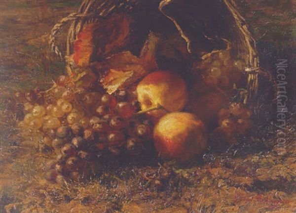 Grapes And Apples In An Overturned Basket On A Forest Floor Oil Painting by Gerardina Jacoba van de Sande Bakhuyzen