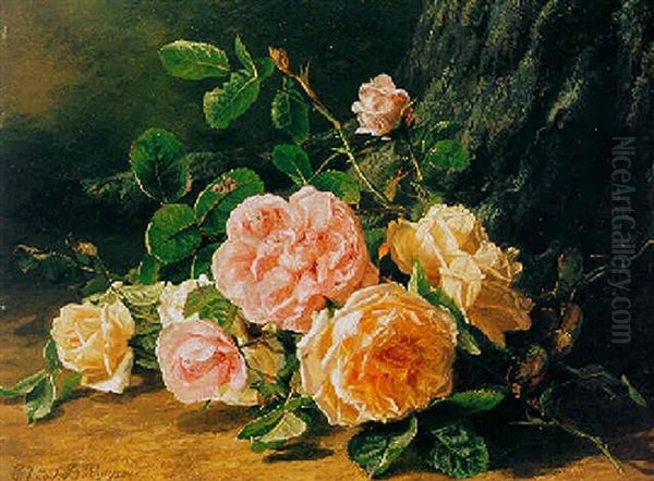 A Still Life Of Yellow And Pink Roses Oil Painting by Gerardina Jacoba van de Sande Bakhuyzen