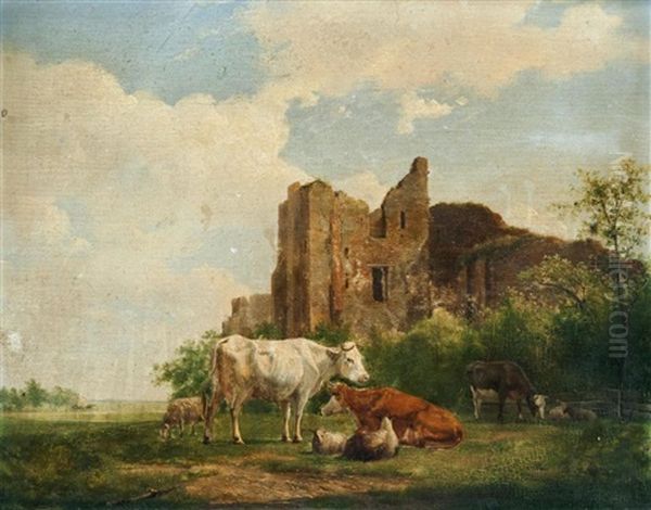 Cattle In A Landscape By A Ruin Oil Painting by Hendrik van de Sande Bakhuyzen