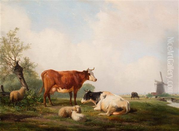 A View Of Dutch Meadows With Cows And Sheep Oil Painting by Hendrik van de Sande Bakhuyzen