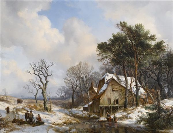 Skaters On A Frozen Stream On The Outskirts Of A Village Oil Painting by Hendrik van de Sande Bakhuyzen