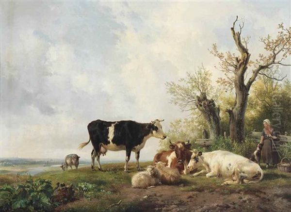 A Shepherdess With Her Flock Oil Painting by Hendrik van de Sande Bakhuyzen