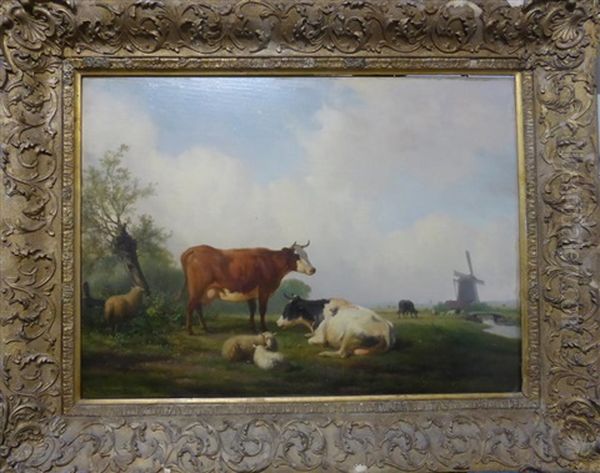 Cattle And Sheep At Rest, In A Landscape With A Windmill Beyond Oil Painting by Hendrik van de Sande Bakhuyzen