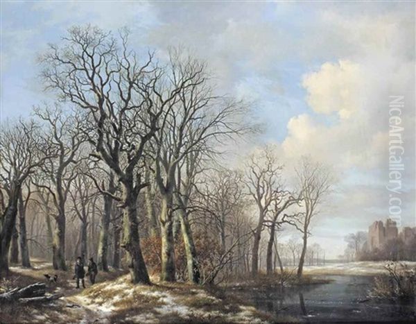 A Winter Landscape With Hunters On A Path Along A Stream Oil Painting by Hendrik van de Sande Bakhuyzen