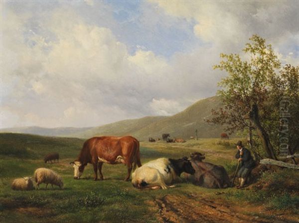 Hirte Mit Kuhen Und Schafen In Weiter Landschaft Oil Painting by Hendrik van de Sande Bakhuyzen