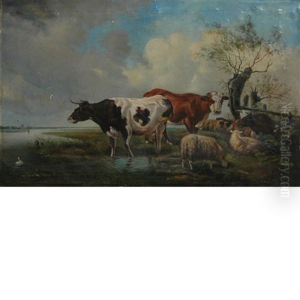 Cows In A Landscape Oil Painting by Hendrik van de Sande Bakhuyzen