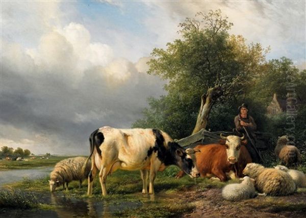 Weidendes Vieh Am Flussufer Oil Painting by Hendrik van de Sande Bakhuyzen