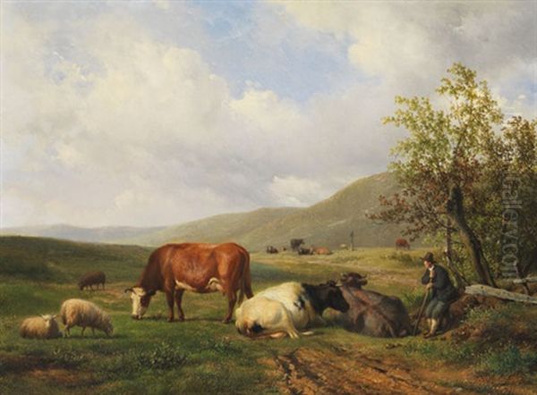 Hirte Mit Kuhen Und Schafen In Weiter Landschaft Oil Painting by Hendrik van de Sande Bakhuyzen