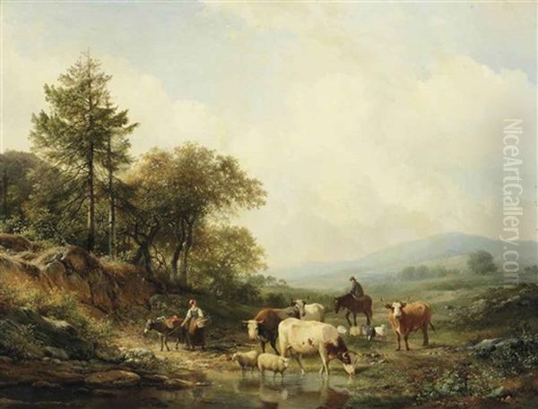 Watering Cattle In A Sunlit Landscape Oil Painting by Hendrik van de Sande Bakhuyzen